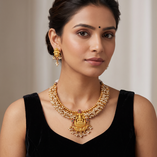 Gold tone ruby-emerald Pearl cluster Lakshmi necklace set dj-10643