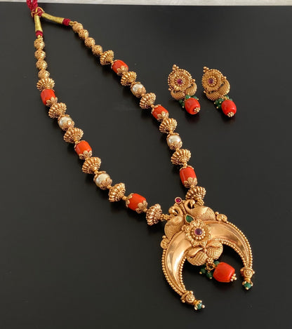 Antique gold tone coral pearl nakshi beaded peacock moon mala/necklace set dj-54955
