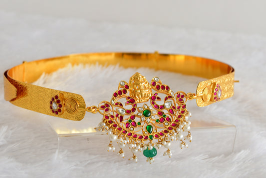 Gold tone pink-green-white kundan jadau Lakshmi mango waist band dj-52173
