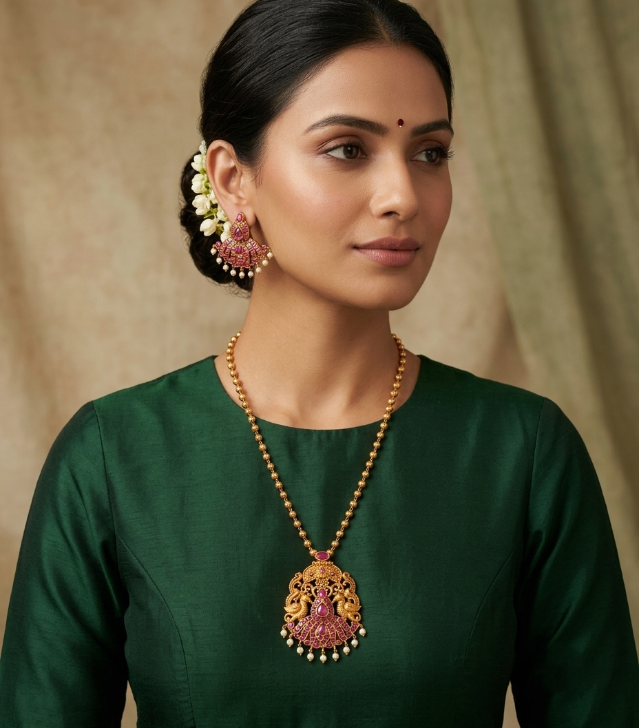 Matte Finish Ruby Peacock Necklace Set dj-10536