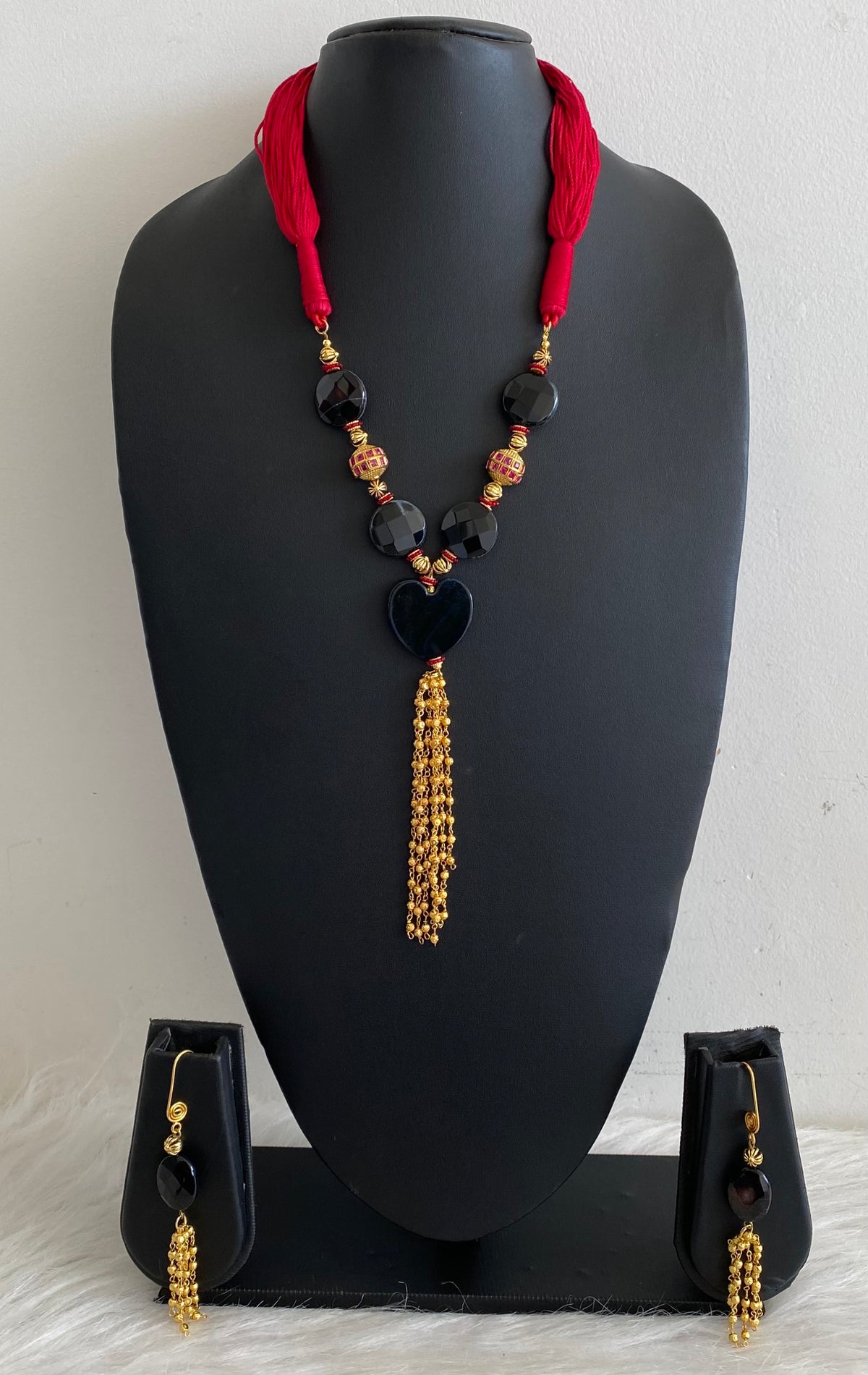 Gold tone Black Onyx Heart shape Bead Red Necklace Set-dj10538