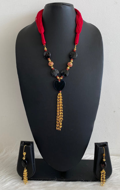 Gold tone Black Onyx Heart shape Bead Red Necklace Set-dj10538
