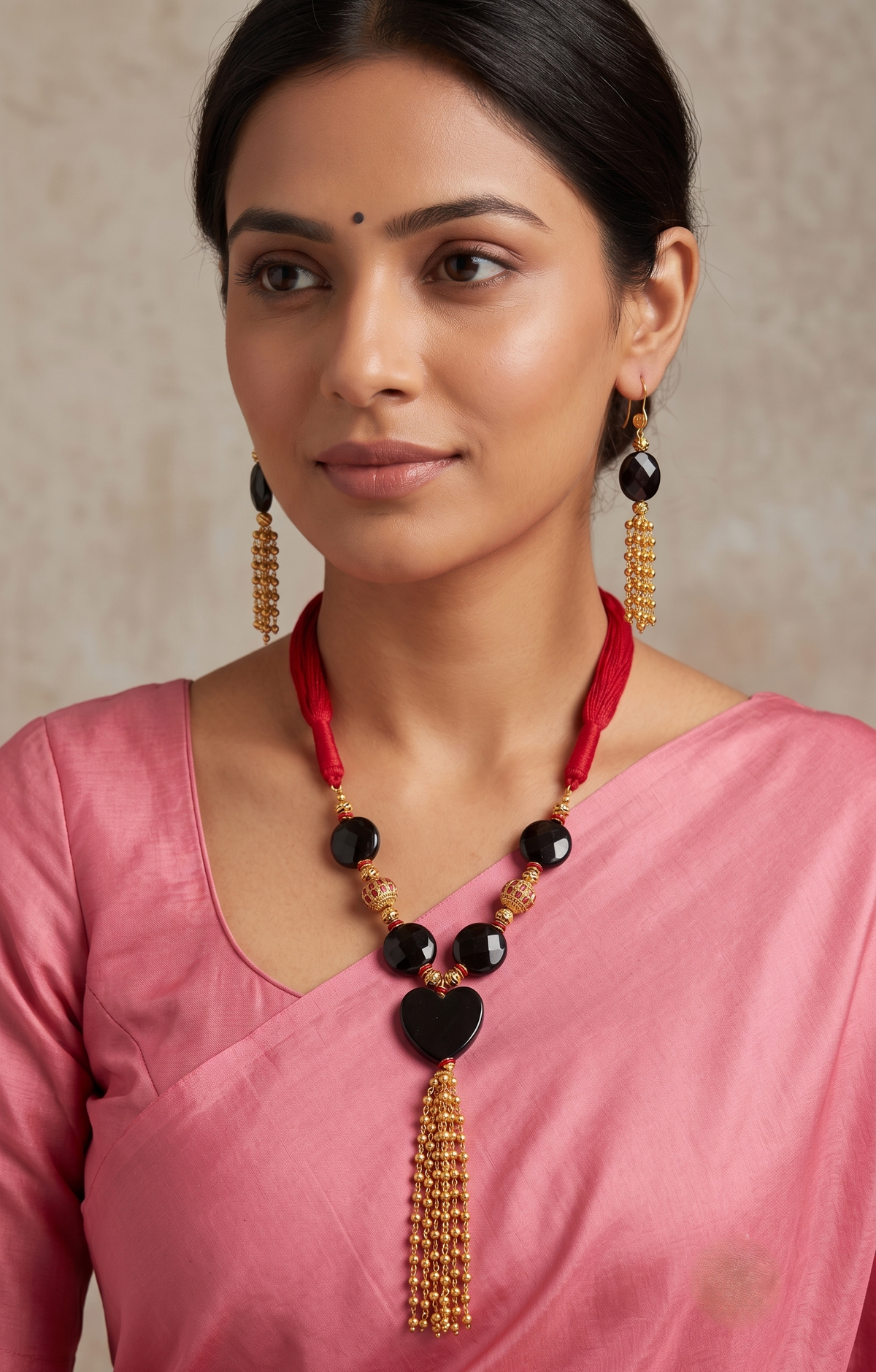 Gold tone Black Onyx Heart shape Bead Red Necklace Set-dj10538