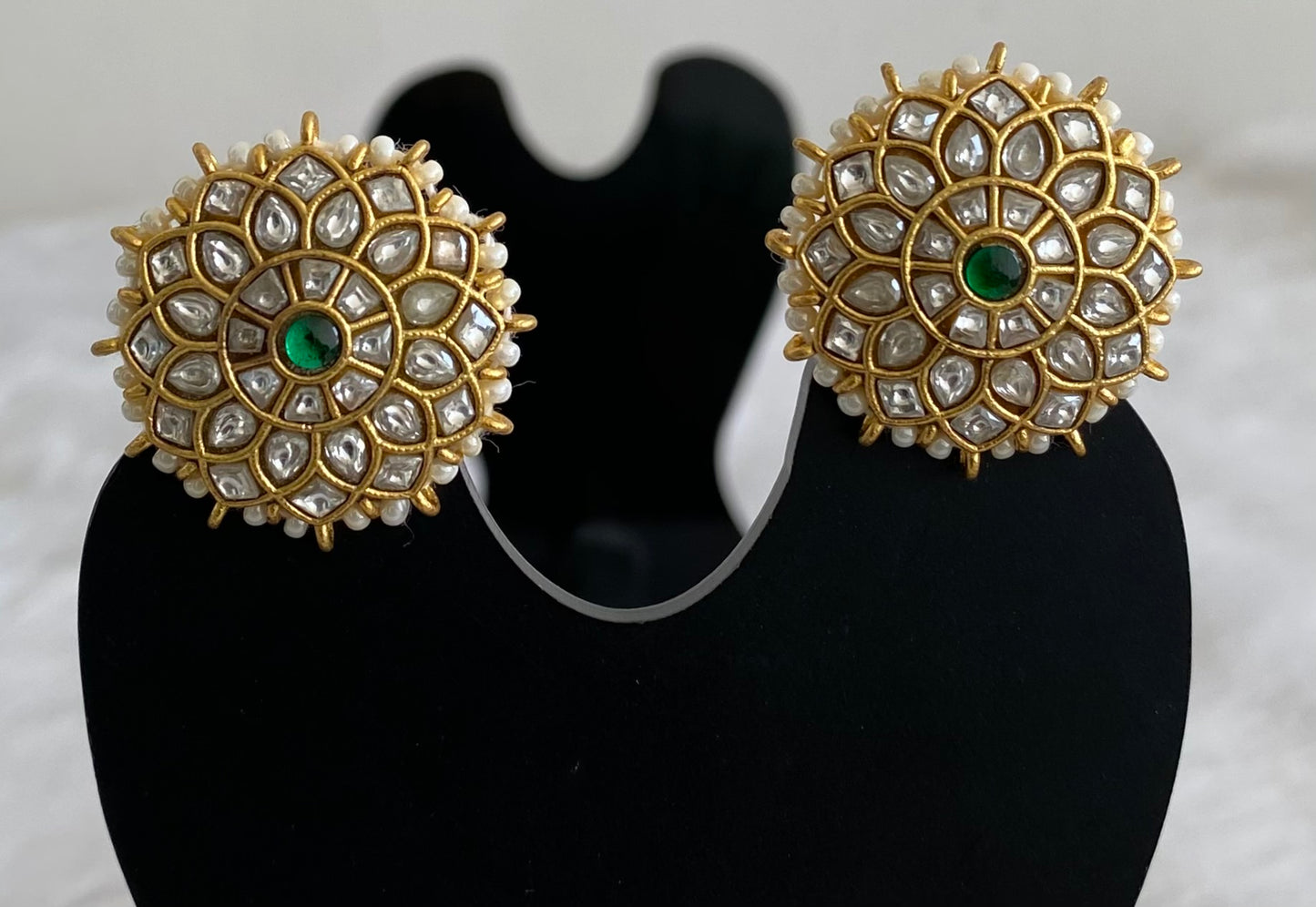 Gold tone white-green pearl kundan jadau flower stud/earrings dj-53552