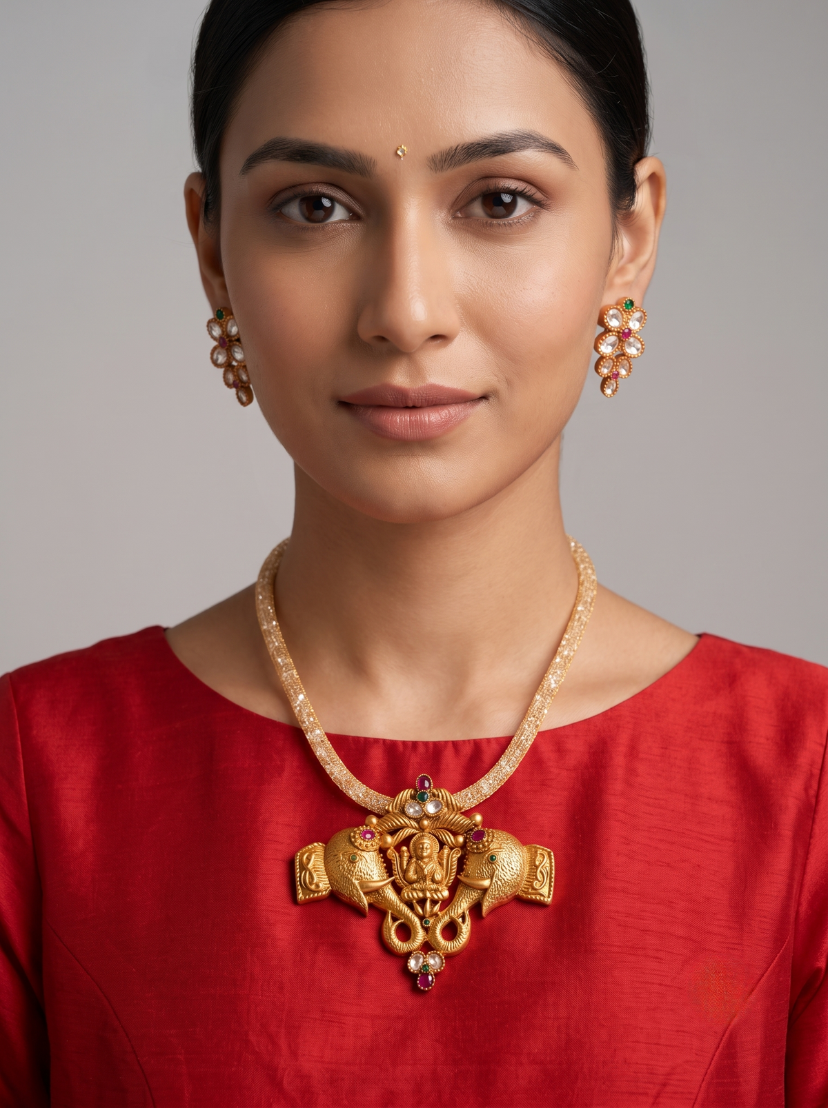 Matte Finish Ruby-green Gajalakshmi Necklace Set dj-10556