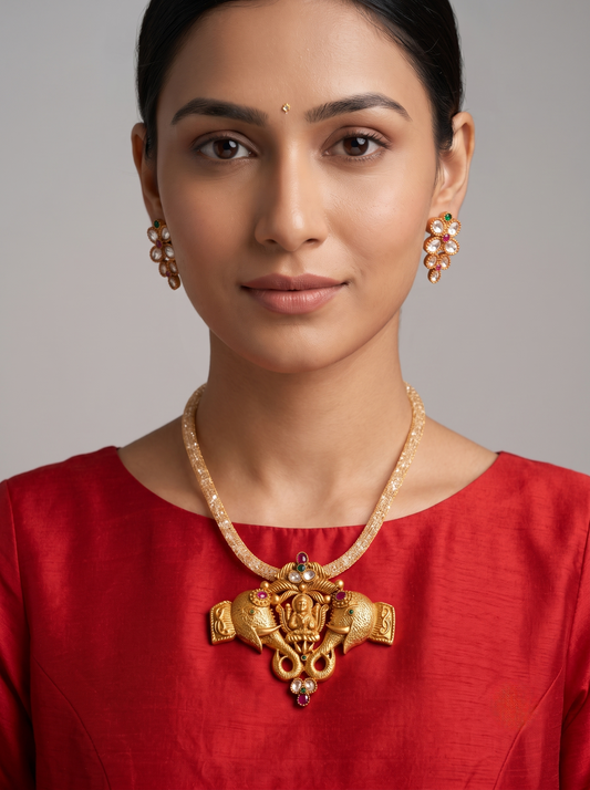 Matte Finish Ruby-green Gajalakshmi Necklace Set dj-10556