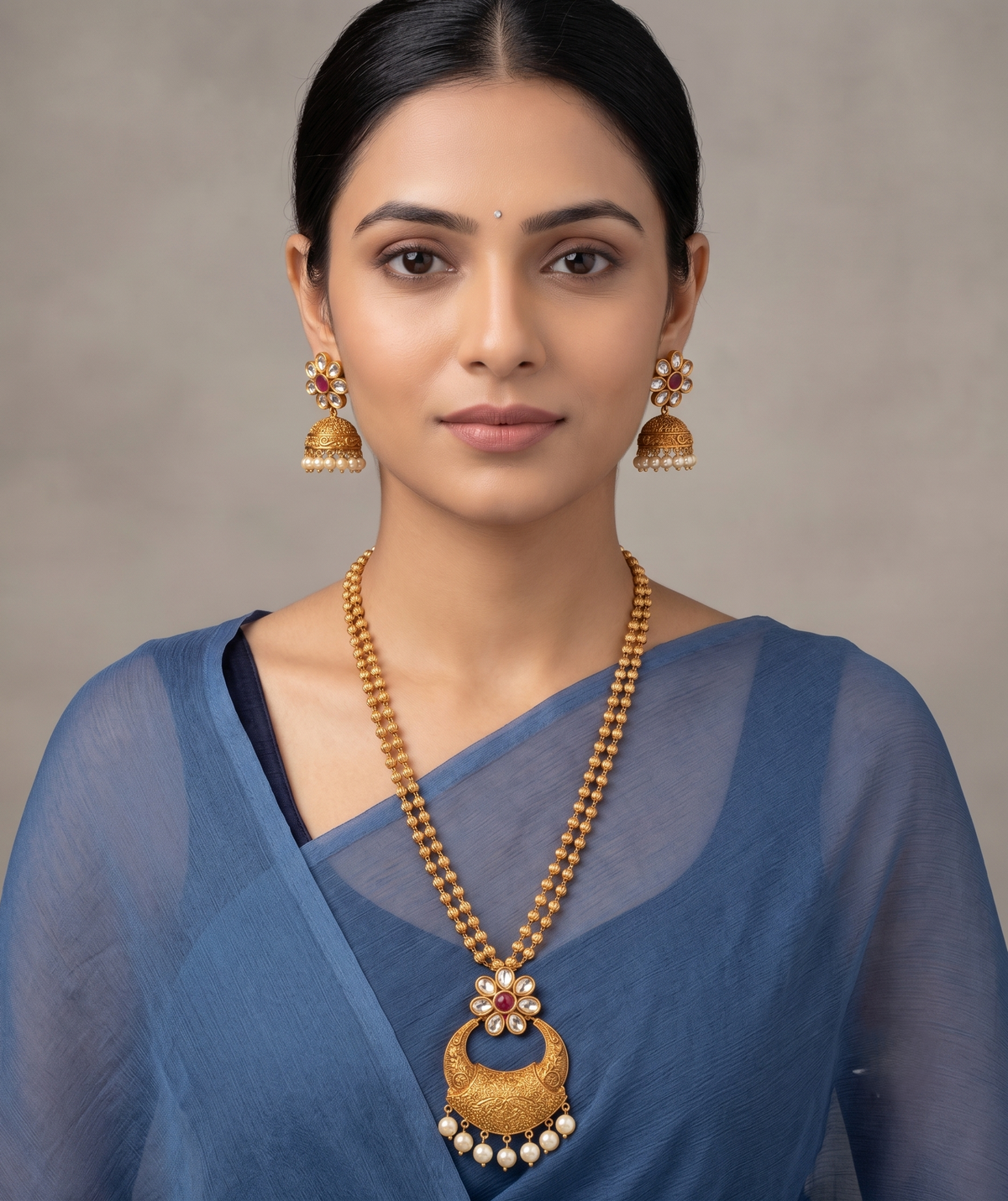 Matte Finish Polki-ruby Flower Bali Necklace Set dj-10563