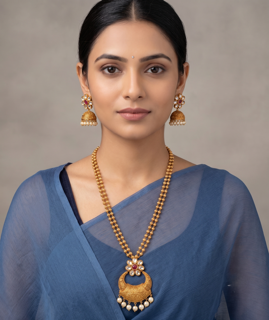 Matte Finish Polki-ruby Flower Bali Necklace Set dj-10563