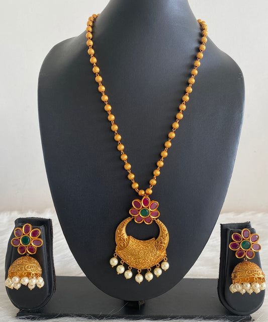 Matte Finish Polki Ruby-emerald Flower Bali Necklace Set dj-10564