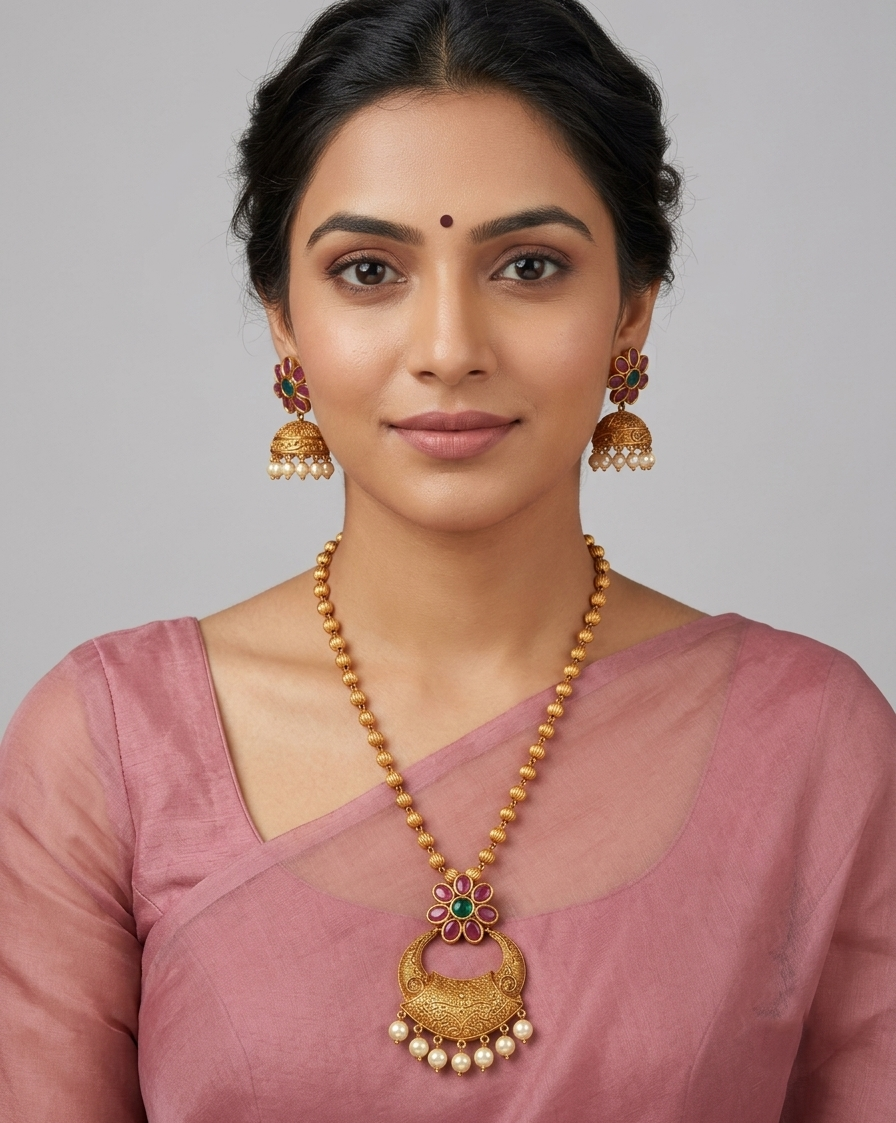 Matte Finish Polki Ruby-emerald Flower Bali Necklace Set dj-10564