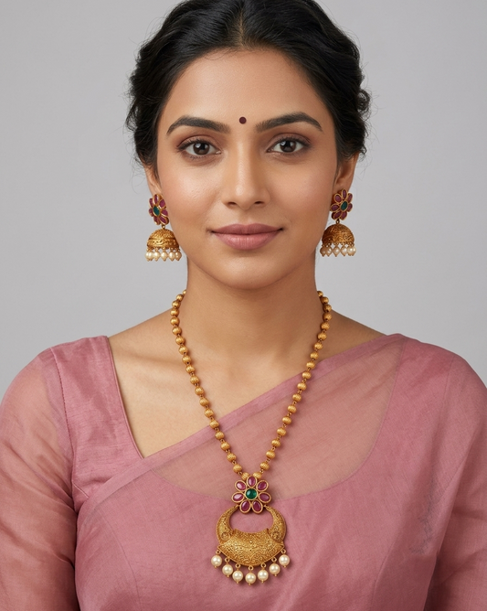 Matte Finish Polki Ruby-emerald Flower Bali Necklace Set dj-10564