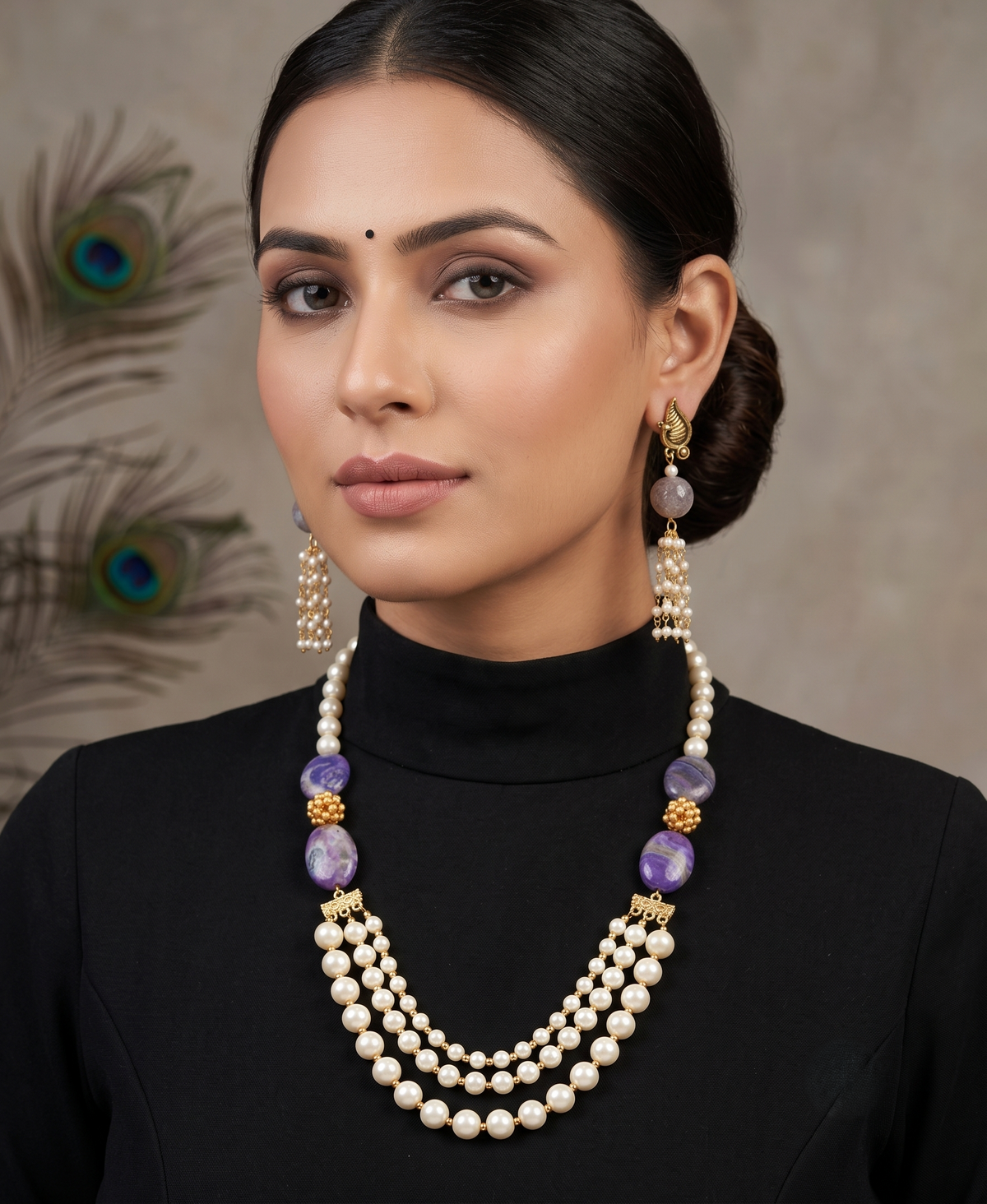 Matt finish purple onyx bead-Pearl multilayer necklace set dj-10604