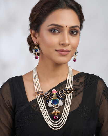 Gold tone cz-fresh water pearls Peacock multi layer feather short haar set dj-10607