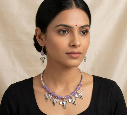 Silver Tone Purple agate Elephant Neckalce Set DJ10624