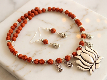 Silver Tone Rudhraksh beaded Lotus Neckalce Set DJ10632