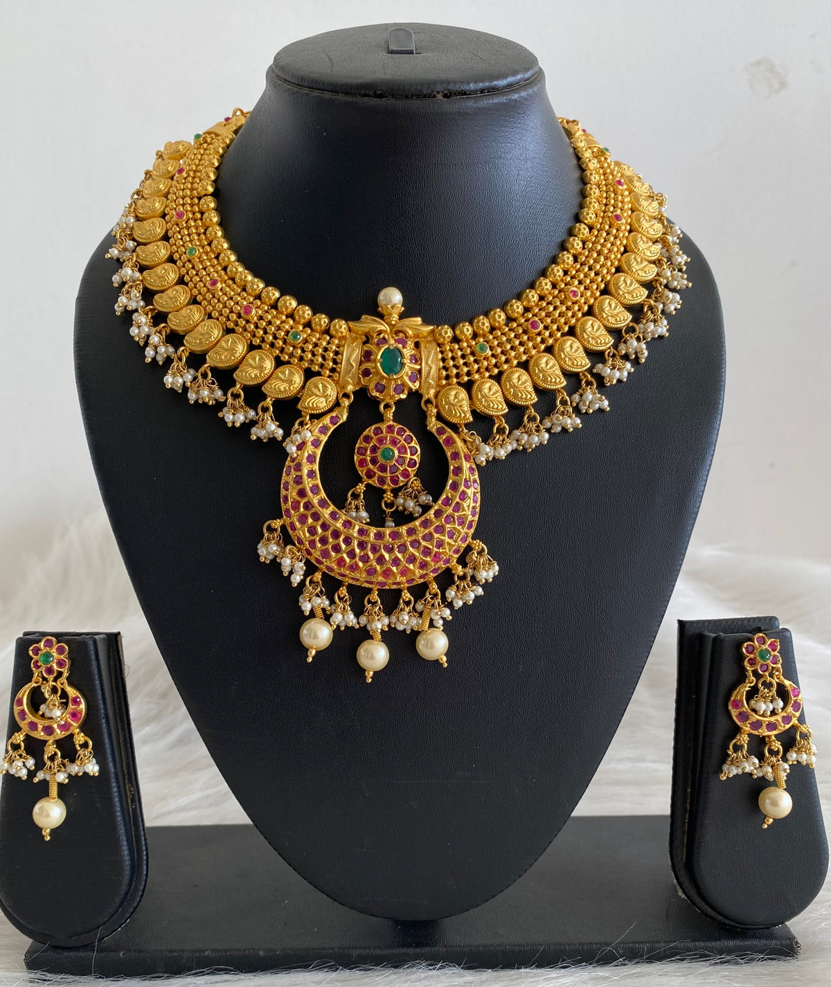 Gold tone ruby-emerald mango bali necklace set dj-10642