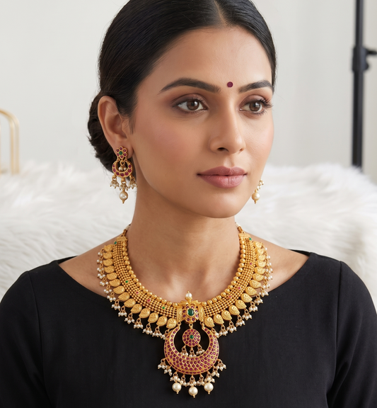 Gold tone ruby-emerald mango bali necklace set dj-10642