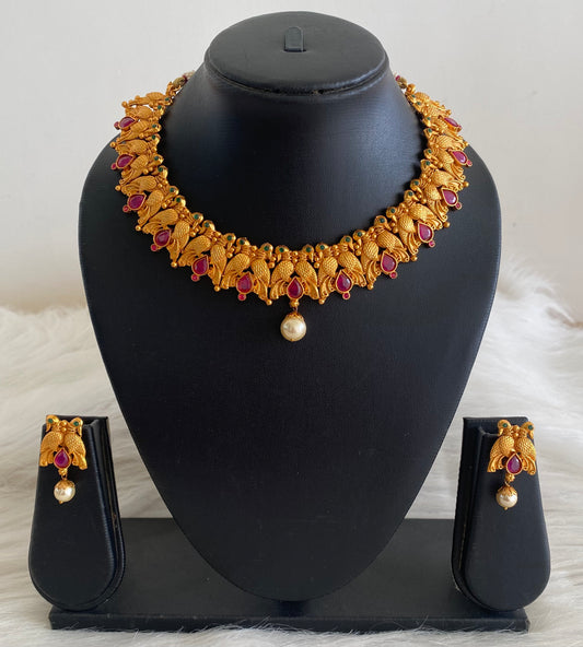 Matte finish ruby-emerald peacock necklace set dj-10647