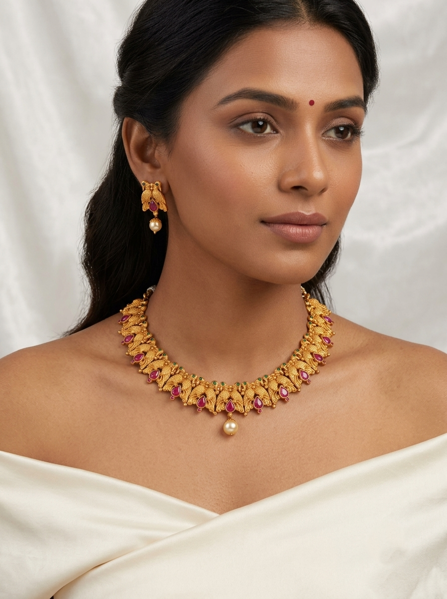 Matte finish ruby-emerald peacock necklace set dj-10647