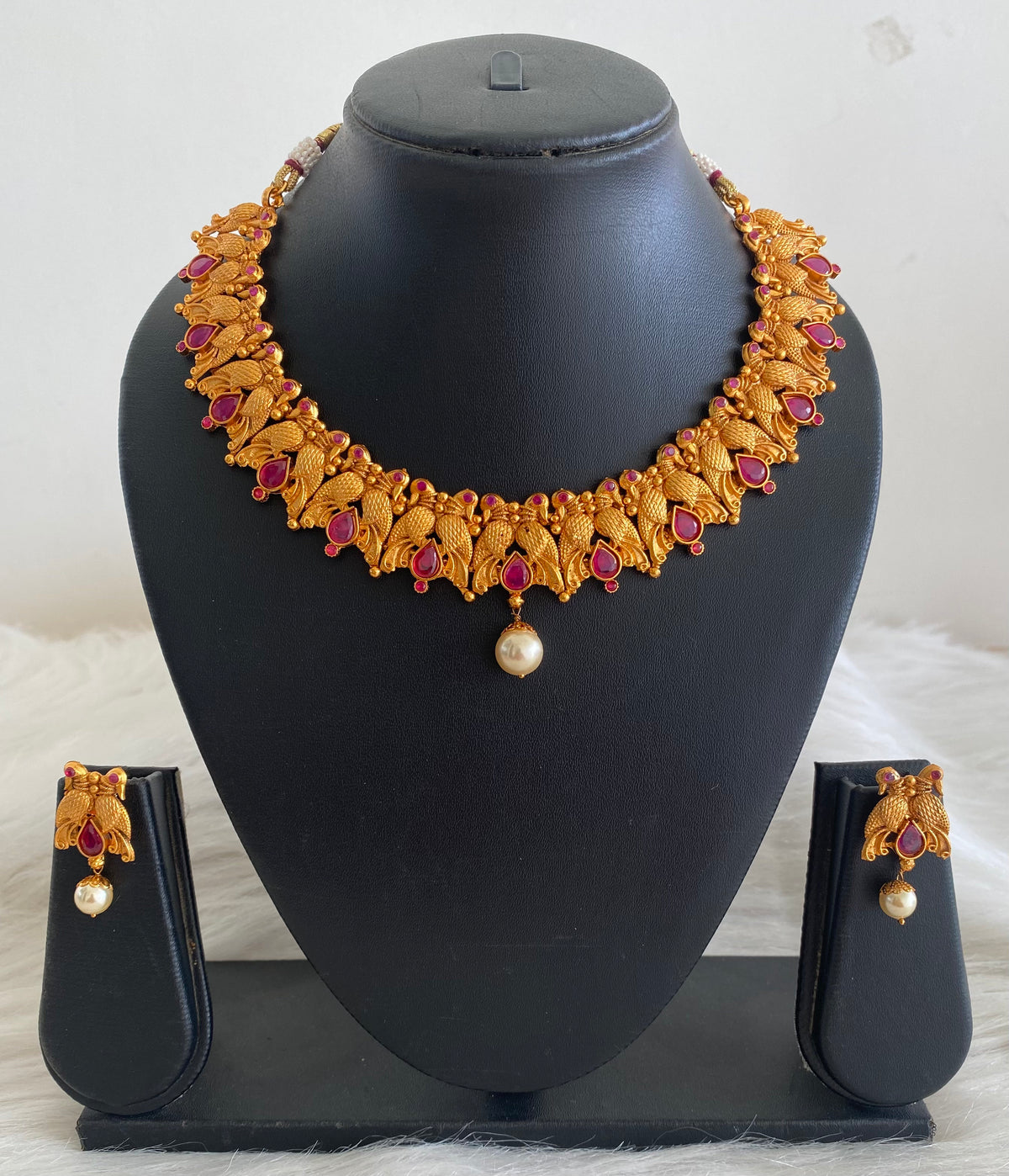Matte Finish ruby peacock necklace set dj-10648