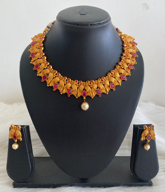 Matte Finish ruby peacock necklace set dj-10648