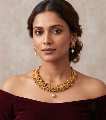 Matte Finish ruby peacock necklace set dj-10648