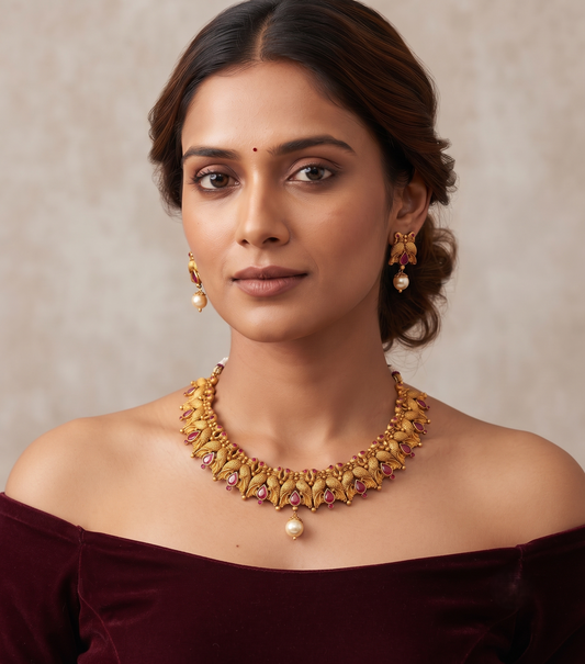 Matte Finish ruby peacock necklace set dj-10648