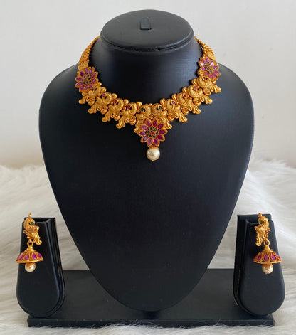 Matte finish ruby-emerald flower peacock necklace set dj-10649