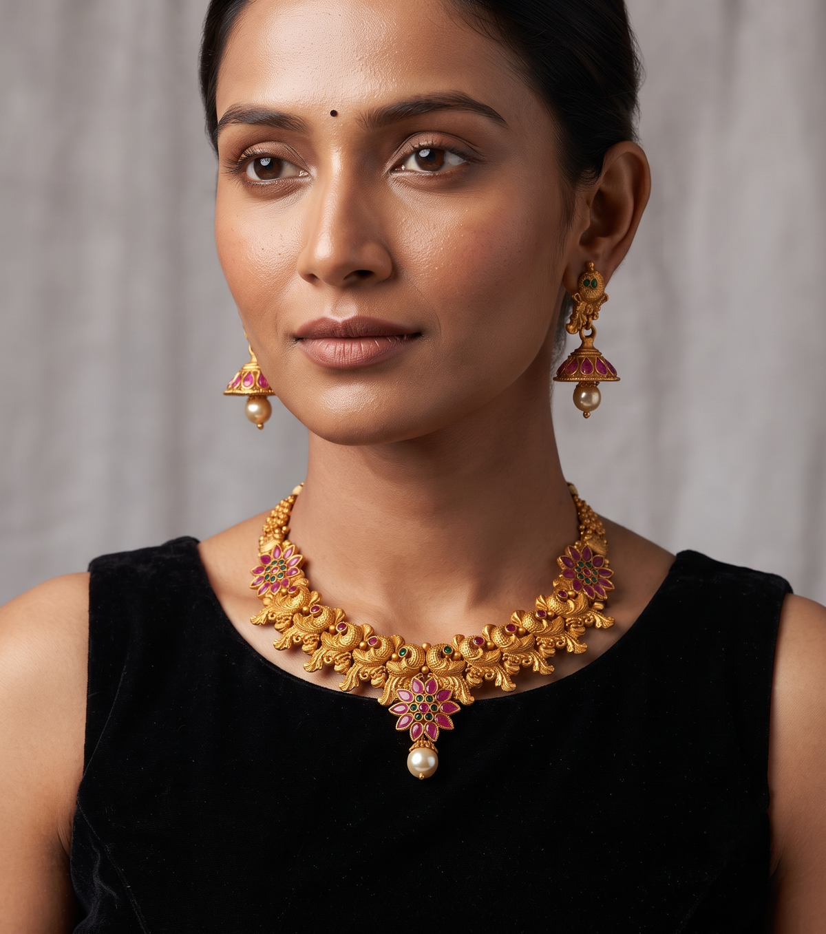 Matte finish ruby-emerald flower peacock necklace set dj-10649