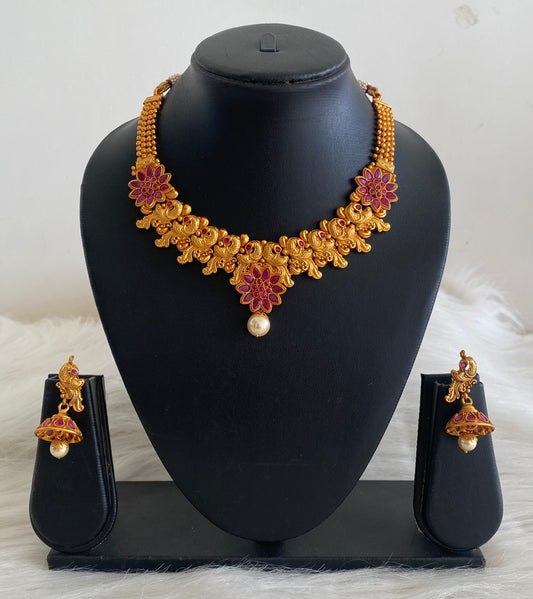 Matte finish ruby flower-peacock necklace set dj-10650