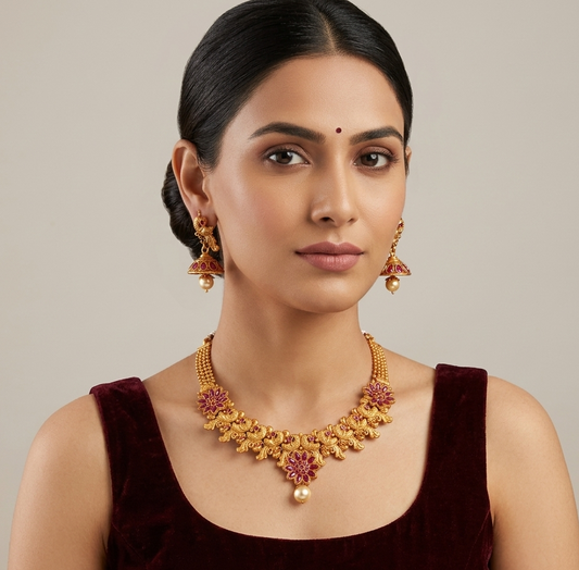 Matte finish ruby flower-peacock necklace set dj-10650