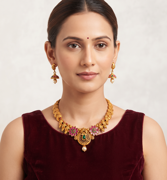 Matte Finish ruby-emerald flower-peacock necklace set dj-10652