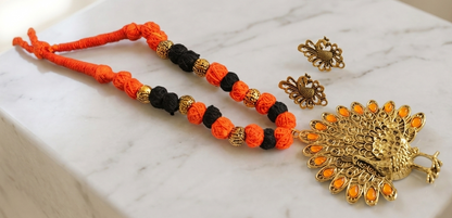 Antique Orange-black Thread Ball Peacock Necklace Set DJ10672