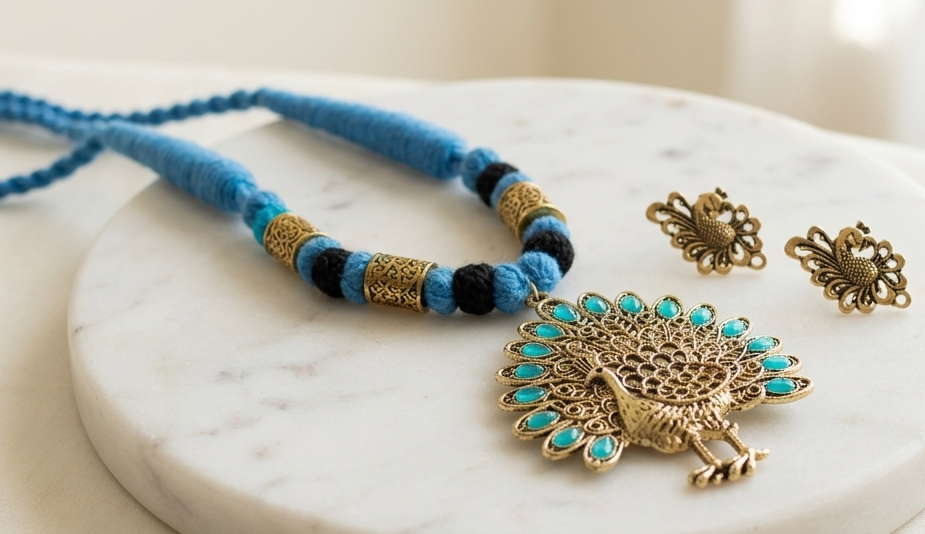Antique gold tone Blue-Black Thread Ball Peacock Necklace Set DJ10673