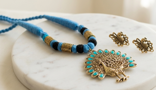 Antique gold tone Blue-Black Thread Ball Peacock Necklace Set DJ10673