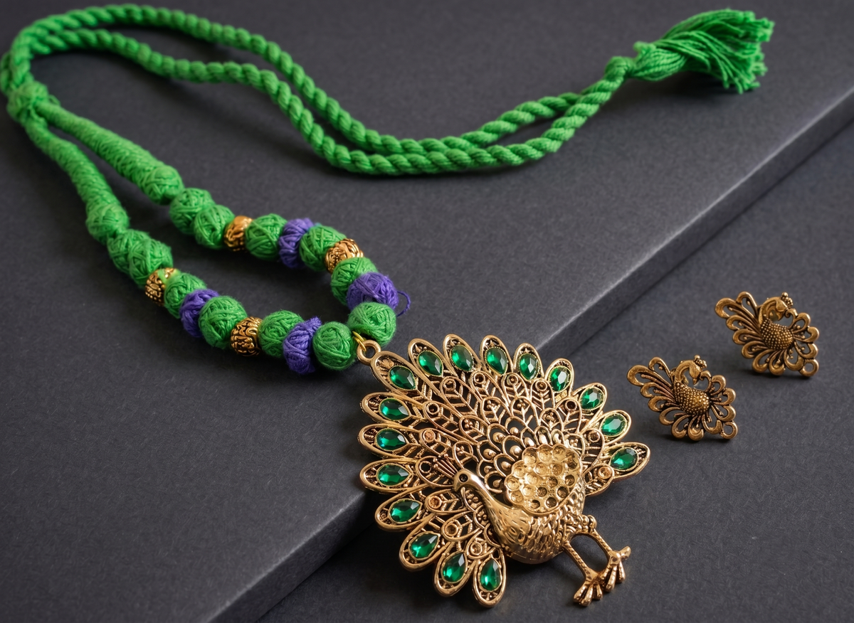Antique gold tone Blue-green Thread Ball Peacock Necklace Set DJ10674