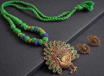 Antique gold tone Blue-green Thread Ball Peacock Necklace Set DJ10674