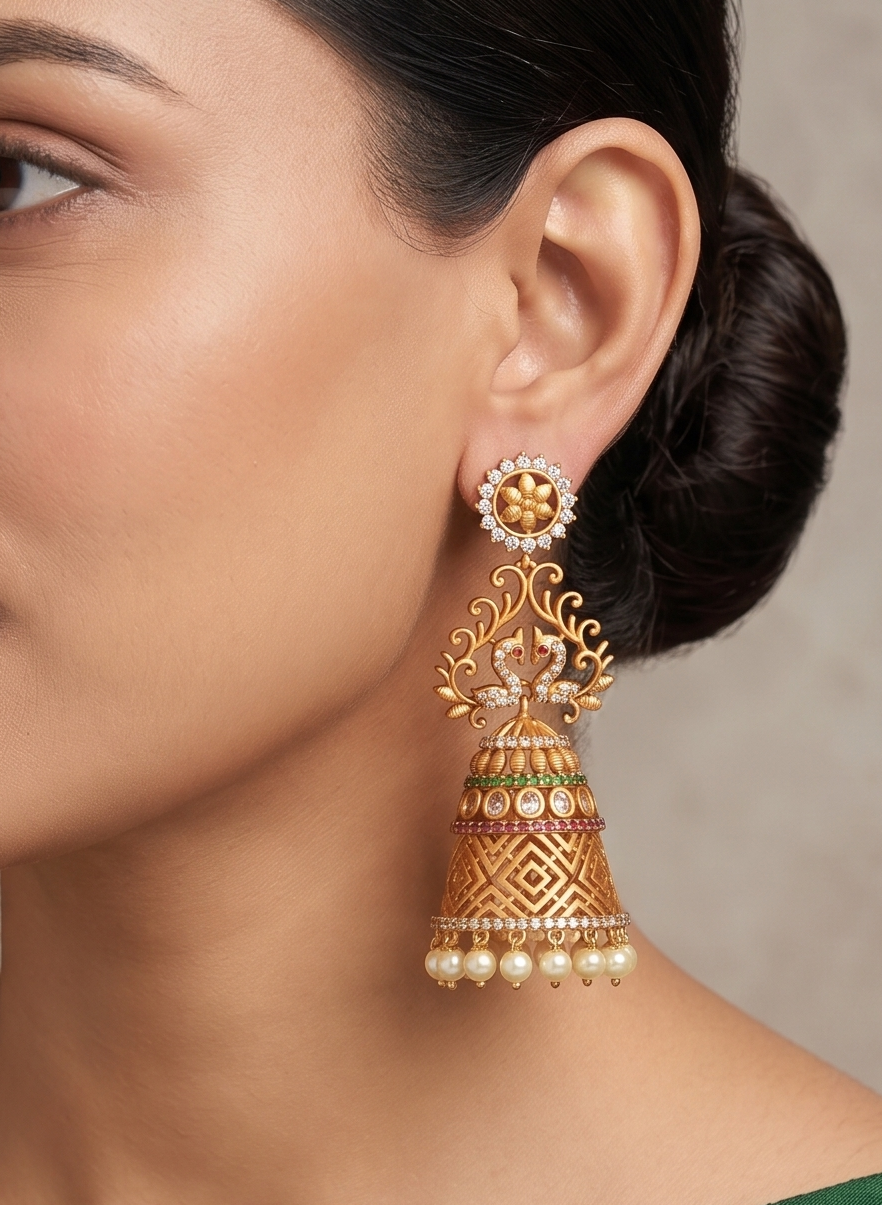 Matte finish cz ruby-green pearl peacock jhumkka dj-10701