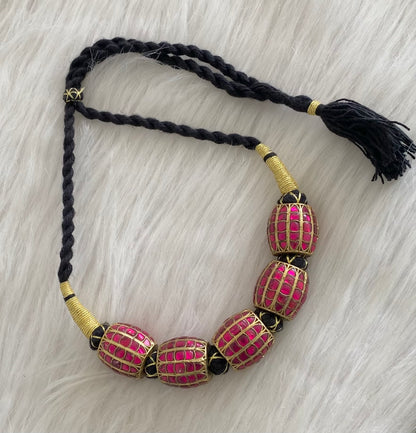 Antique gold tone big jadau beaded black thread necklace dj-54806