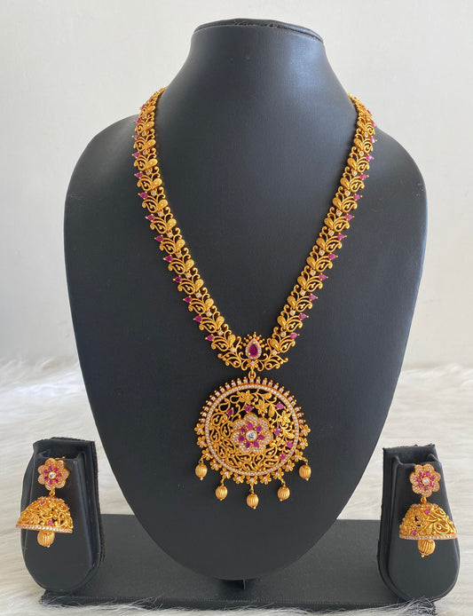 Matte finish cz ruby round pendant short haar set dj-10711