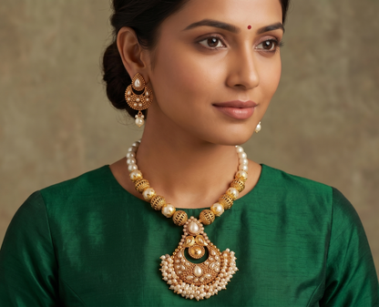 Antique gold tone Pearl Cluster Bali Neckalce Set DJ10724