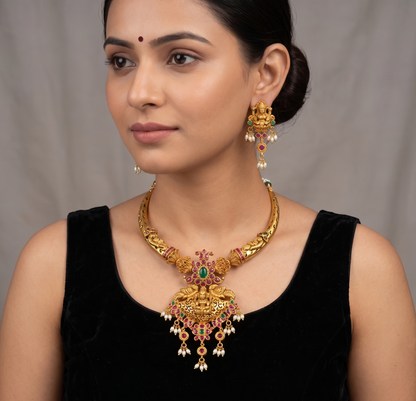 Matte finish ruby-green lakshmi peacock Kante necklace set dj-10730