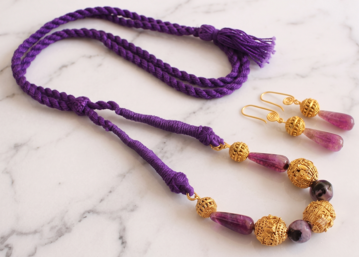 Antique gold tone Purple Onyx Bead Threaded Neckalce Set DJ10744
