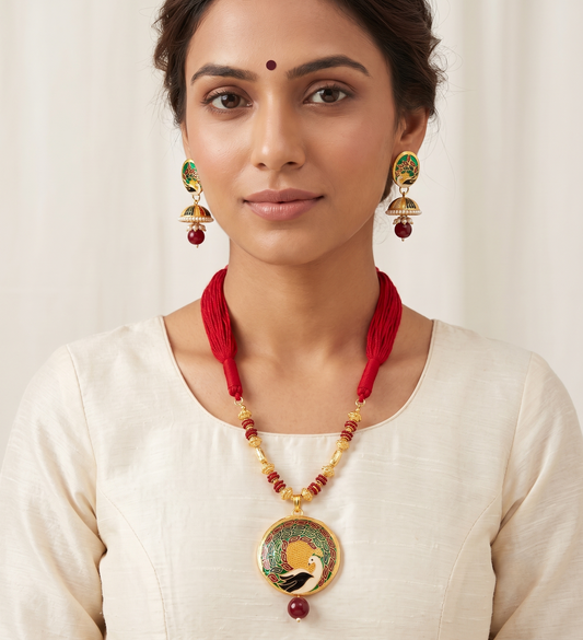 Antique gold tone Peacock Maroon Threaded Necklace Set DJ10753