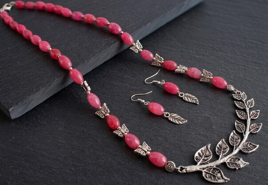 Silver Tone Pink Faceted Bead Leaf Necklace Set DJ10760