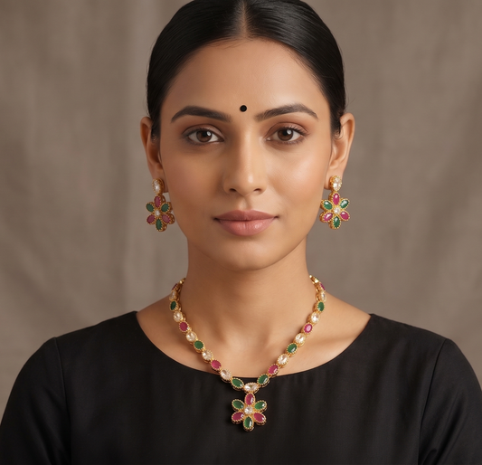 Gold tone cz ruby-green-white flower necklace set DJ10780