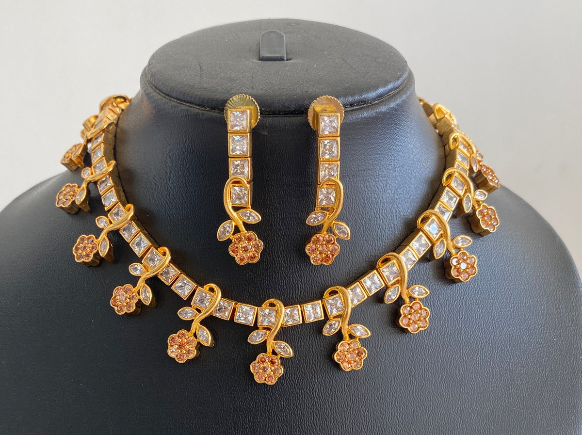 Gold Tone AD square stone flower Necklace Set DJ10801
