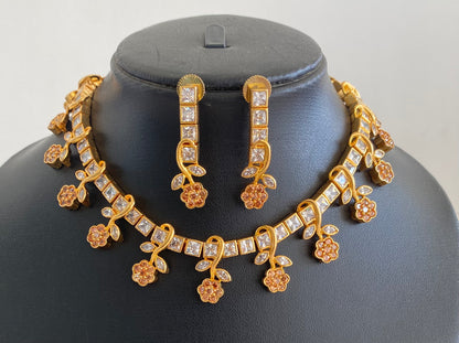 Gold Tone AD square stone flower Necklace Set DJ10801
