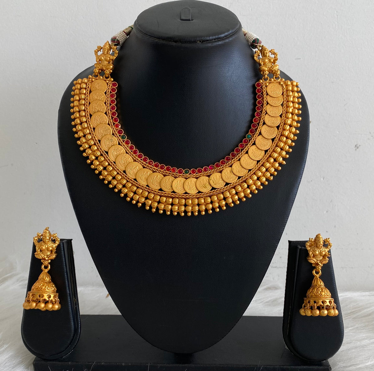 Matte Finish Kemp-green Lakshmi Coin Necklace Set -dj10856