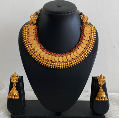 Matte Finish Kemp-green Lakshmi Coin Necklace Set -dj10856